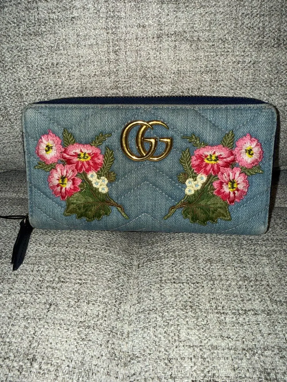 GG Marmont Floral Embroidered Quilted Denim Zip-Around Wallet